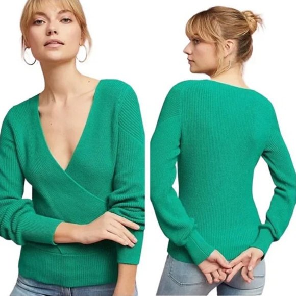 Anthropologie Moth Liza Surplice V Neck Faux Wrap Sweater Kelly Green Ribbed XSP - Picture 1 of 15
